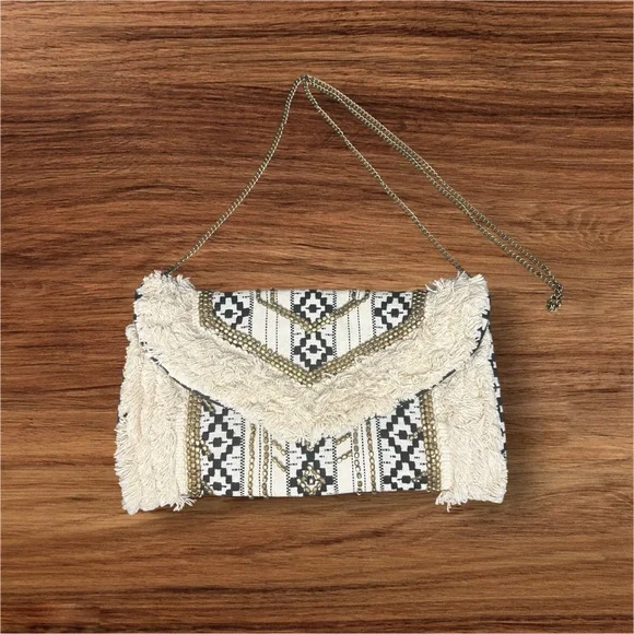 Antik Kraft Boho Beaded Fringe Black and Cream Crossbody Clutch - Picture 2 of 10